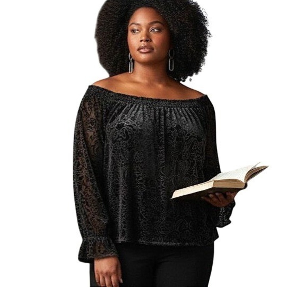 Knox Rose Black Velvet‎ Burnout Damask Blouse XXL Smocked Off Shoulder Lace Trim